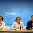 La coordinadora de campaña del PP de Castilla y León, Rosa Valdeón, y la responsable de programación de la misma, Josefa García Cirac, presentan la campaña electoral de la formación para los comicios del 24 de mayo. Junto a ellas, el portavoz de campaña,-Ical