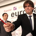 El 'president' Carles Puigdemont, durante el desayuno informativo que ha ofrecido este lunes en Madrid.-JUAN MANUEL PRATS