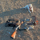Una escopeta y un perro de caza junto a munición y varias piezas capturadas.-LEONARDO DE LA FUENTE