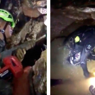 Dos buzos acompañan a cada uno de los niños atrapados en una cueva de Tailandia, que llevan una máscara que les cubre toda la cara.-