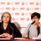 La secretaria para la Igualdad y Juventud de UGTCyL, Nuria González (I), y la secretaria de Mujer y Políticas de Igualdad de CCOOCyL, Rosa Eva Martínez (D), presentan el Manifiesto del 8 de Marzo, Día Internacional de la Mujer Trabajadora-ICAL