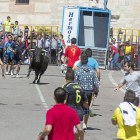 Varias personas citan al toro en un encierro urbano en Villalar de los Comuneros.-Miguel Ángel Santos