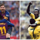 Messi celebra su segundo gol en el Pizjuán con Dembélé como Pelé lo hizo con Jairzinho en el Mundial-70.-AFP / ARCHIVO