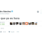 Tuit que Pedro Sánchez publicó en el 2012 y que algunos usuarios de la red social han recuperado este sábado tras su renuncia.-TWITTER