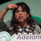 Teresa Rodríguez, líder de Adelante Andalucía, coalición entre Podemos e IU, durante el mitin de cierre de campaña el pasado viernes-JORGE GUERRERO (AFP)