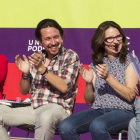 Ada Colau, Pablo Iglesias, Mònica Oltra e Íñigo Errejón durante el mitin en Palma.-CATI CLADERA/EFE