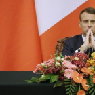 El presidente francés, Emmanuel Macron, durante la rueda de prensa conjunta con su homólogo chino, Xi Jinping, esta semana, en Pekín.-JASON LEE (AP)