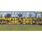 Patinadores y entrenadores de las diferentes disciplinas de los Rolling Lemons posan con el chándal del club, de su característico color amarillo.-EL MUNDO