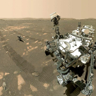El ‘Perseverance’ y sus huellas en el planeta rojo junto al minihelicóptero ‘Ingenuity’, en el día marciano número 359.- ICAL / UVA