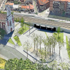 Simulación del paso que se construirá bajo la vía en la plaza de Rafael Cano, junto a la iglesia del barrio de  La Pilarica.-E. M.