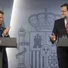 Mariano Rajoy, en su comparecencia con el presidente de Colombia, Juan Manuel Santos, este martes, 3 de marzo, en la Moncloa.-Foto: REUTERS/ ANDREA COMA