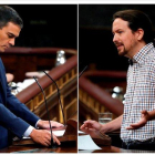 Pedro Sánchez y Pablo Iglesias, en distintos momentos del frustrado debate de investidura de la semana pasada.-EFE / BALLESTEROS / EMILIO NARANJO