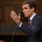 Pablo Casado, este miércoles durante su discurso en la tribuna del Congreso.-JOSÉ LUIS ROCA
