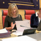 Pilar del Olmo e Irene Cortés, ayer, en la comisión de Economía y Hacienda de las Cortes.-ICAL