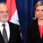Mogherini (derecha) y el ministro de Exteriores iraquí, Ibrahim al-Jafari, tras una reunión en Bruselas, este martes.-AFP / EMMANUEL DUNAND