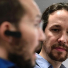 Pablo Iglesias y Pablo Echenique durante una rueda de prensa en la sede de Podemos, el pasado 18 de marzo.-AFP