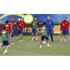 Vicente del Bosque y los jugadores en el entrenamiento del viernes en la Isla de Ré.-EFE / JUANJO MARTÍN