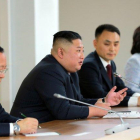 Kim Jong-un en una rueda de prensa luego de su encuentro con Vladimir Putin.-REUTERS