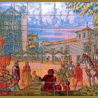 Detalle de los azulejos de Ruiz de la Luna en el Palacio de Pimentel que evocan una escena del bautizo de Felipe II-E. M.