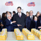 En el centro, el director de Ingeniería, Benito Tapiador, explica el proceso productivo a Felipe  VI. A la izquierda, Silvia Clemente y Virginia Arnáiz, y a la derecha, Sáenz de Santamaría y Pedro Ballvé.-ICAL