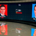 Plató del debate electoral que se celebra este lunes en RTVE, con Sánchez, Casado, Rivera e Iglesias.-RTVE