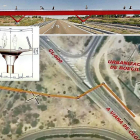 Infografía de la pasarela, arriba. Sección, al centro y ortofoto que muestra la ubicación de la estructura.-1A INGENIEROS