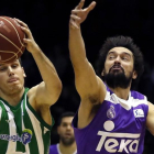 El base del Betis Radicevic pugna con Llull, del Madrid.-EFE / JULIO MUÑOZ
