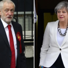Combo de fotos de Jeremy Corbyn (izq) y Theresa May, tras votar el 8 de junio, en el norte de Londres y en Maidenhead, respectivamente.-AFP