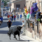 Uno de los toros recorre la Calle Real de Serrada ante la precaución de sus vecinos.-J.M. LOSTAU