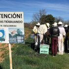 Apicultores de Urzapa contemplan el estado de unas colmenas tras un cartel que advierte de la existencia de abejas trabajando.-URZAPA