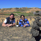 De izquierda a derecha, Jaime e Ismael, junto a la cepa centenaria  y, de fondo, la bodega Dominio de Atauta, situada en una ladera, entre los dos célebres palomares.-ARGICOMUNICACIÓN