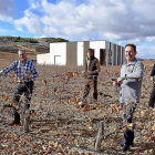 De izda. a dcha.: Jesús Ángel Martín (responsable de campo); Avelino Gozalo (socio); José Miguel Vaquero (gerente); y Fernando Valenti (asistente de enología), en el viñedo que está junto a la bodega (al fondo).-ARGICOMUNICACIÓN