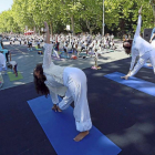 Cientos de personas en la Acera de Recoletos hacen yoga.-Ical