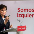La secretaria de Igualdad del PSOE Carmen Calvo durante la rueda de prensa.-LUCA PIERGIOVANNI (EFE)