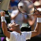 Djokovic celebra, a pie de pista, su triunfo en Wimbledon /-OLI SCARFF (AFP)