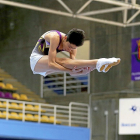 Nicolás Toribio, en pleno vuelo, durante una actuación en el polideportivo Pisuerga.-MONTSE ÁLVAREZ