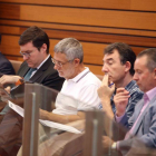 Los secretarios regionales de UGT, Agustín Prieto y CCOO, Ángel Hernández, junto al coordinador de Asaja, Donaciano Dujo, en el debate de investidura del candidato a la Junta de Castilla y León-ICAL