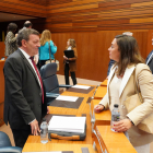 La consejera de Movilidad María González Corral conversa con el consejero de Presidencia Luis Miguel González Gago en el pleno de las Cortes.- ICAL