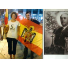 Pilar Gutiérrez, primera por la izquierda, en una manifestación franquista en Madrid en 2015. A la derecha, la estampita o logotipo con que ilustran los testimonios que recoge la postulación en favor de la canonización de Franco.-EL PERIÓDICO
