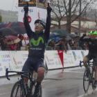 Entrada en meta de Carlos Betancur, el colombiano del equipo Movistar, ganador de la primera etapa de la Vuelta Ciclista a Castilla y León con llegada en Bragança-ICAL