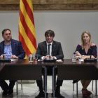 Una imagen de la reunión, con Junqueras, Puigdemont y Munté.-FERRAN SENDRA