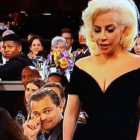 DiCaprio puso una cara extraña cuando Lady Gaga le rozó el brazo, durante la gala de los Globo de Oro.-