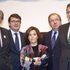 Íñigo Méndez deVigo, Alfonso Fernández Mañueco,  Soraya Sáenz de Santamaría, Juan Vicente Herrera, Mariano Rajoy y Daniel Ruipérez, en Salamanca.-ICAL