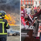 A la izquierda incendio en Aldeamayor y a la derecha un piano en la plaza Mayor