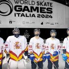 Los cinco jugadores vallisoletanos de la selección española absoluta de hockey en línea en los World Skate Games de Roma.