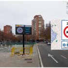 Pantalla informativa en el paseo de Zorrilla y una señal de la Zona de Bajas Emisiones.
