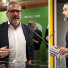 El candidato a la Presidencia de la Junta por Vox, Carlos Pollán, durante su intervención en Valladolid, y el líder nacional, Santiago Abascal, en su valoración desde Madrid.