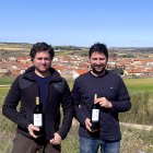 Ramón y José Ramos, con sus dos últimos vinos, frente a una panorámica de su pueblo, Venialbo.