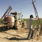 Un agricultor prepara su tractor para fumigar su cultivo de patatas.