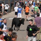 Peñistas y visitantes corriendo el tercer encierro de las fiestas de La Cistérniga